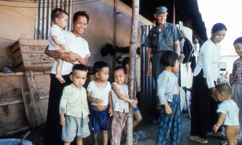 A refugee camp near the perimeter of the Danang area. Thousands of refugees have been left homeless. Through our aid and the assistance of the Republic of south Viet Nam, materials are given to the refugees to build their own quarters.