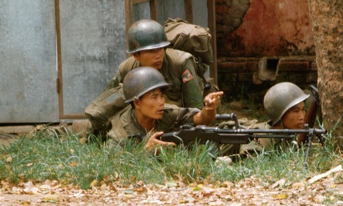 South Vietnmamese Soldiers Man Machine Gun During Battle