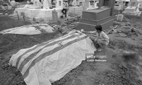 A young girl puts a flower on the fresh grave of her father, killed last month in this village on Highway 13, some 19 miles north of Saigon. | Location: Phu Giao, Vietnam