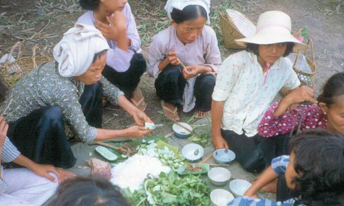 Một bữa tiệc nhỏ (bữa trưa) thịnh soạn của những người phụ nữ đi làm đồng.
