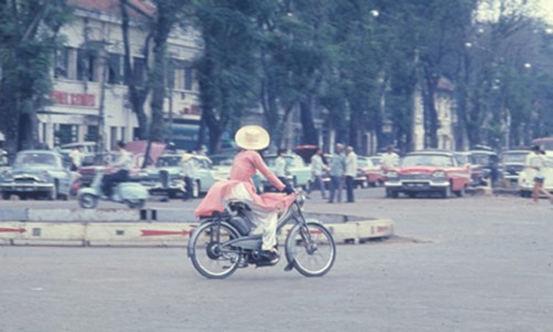 Saigon 1967 - Woman in pink on a motorbike Mobylette - Donald Jellema Collection
