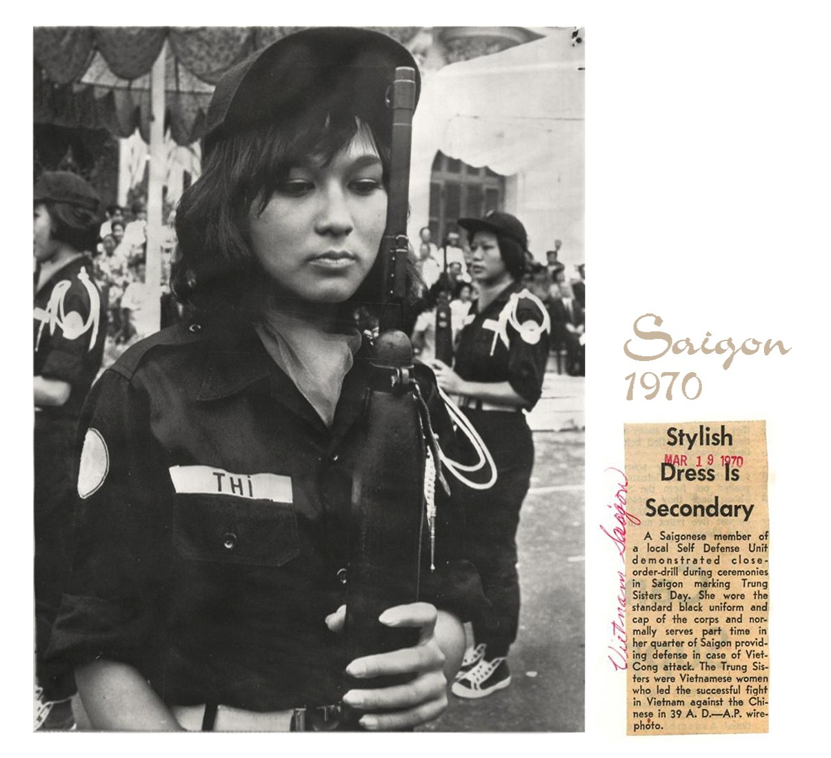 1970 Uniformed Female Member of Self Defense Unit in Saigon - Press Photo
