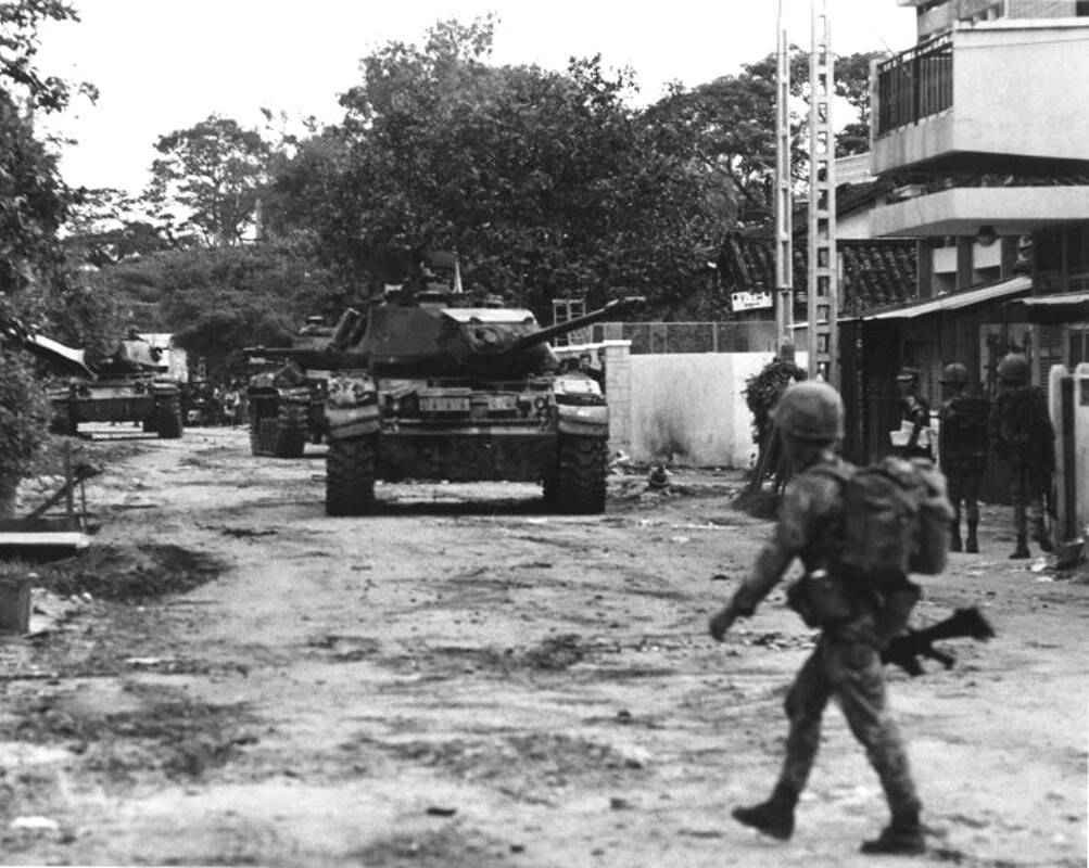 1968 Vietnamese Marines moved in with the tanks and tear-gas was used to route the Communist soldiers - Photo by Douglas Pike Collection